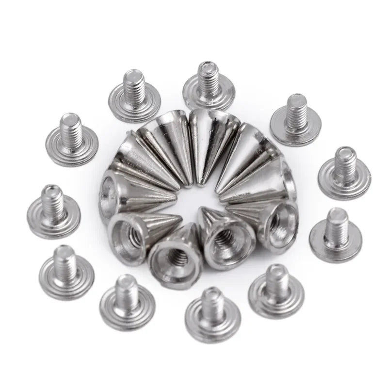 A collection of silver zinc alloy cone studs and spikes for DIY clothing and accessories