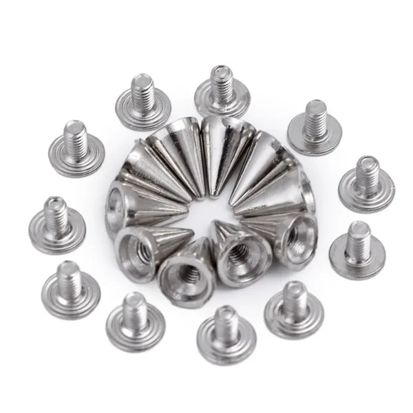A collection of silver zinc alloy cone studs and spikes for DIY clothing and accessories