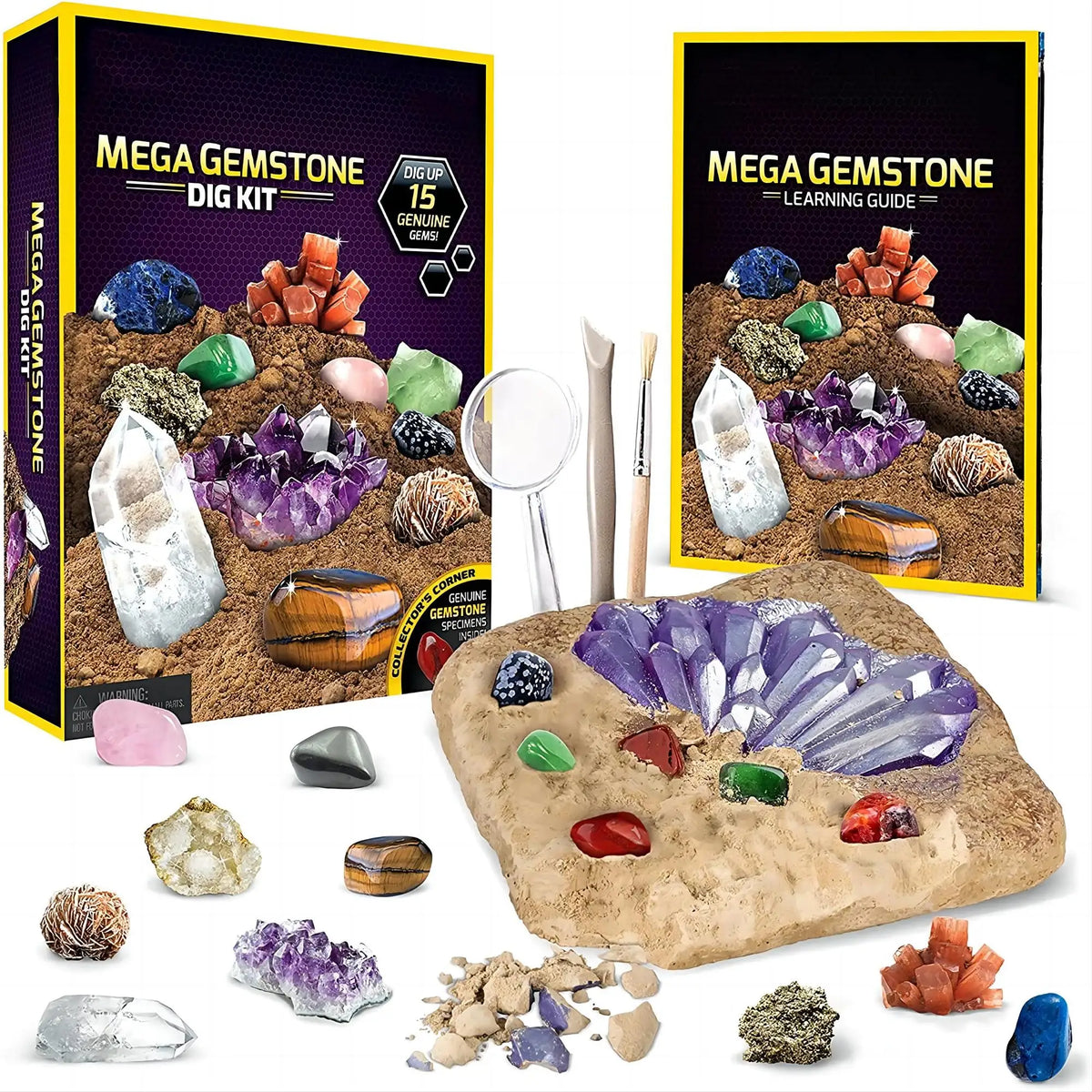 A box set of a Mega Gemstone Dig Kit showing various colored and clear crystals, including amethyst and quartz, laid out on a
