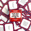A collection of red and white cards with question marks used for a party game titled How Well Do You Know Me?