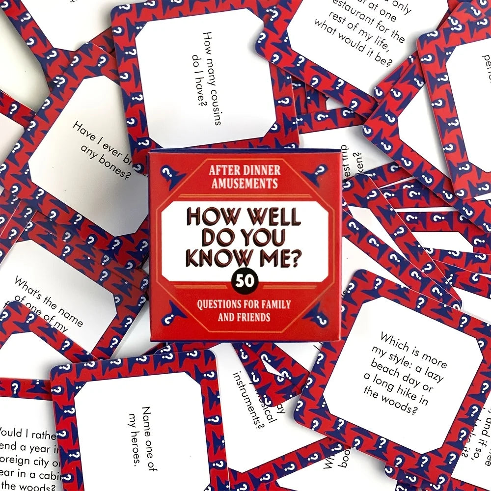 A collection of red and white cards with question marks used for a party game titled How Well Do You Know Me?