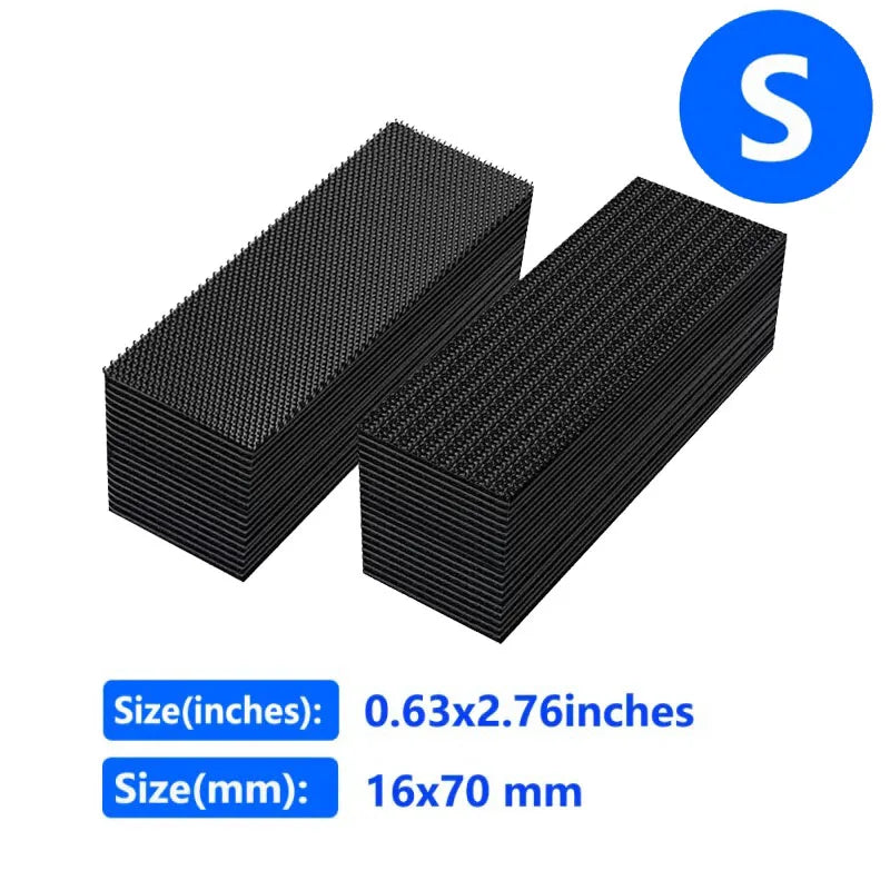 A stack of black heavy-duty self-adhesive hook-and-loop tape for car mats and rugs.