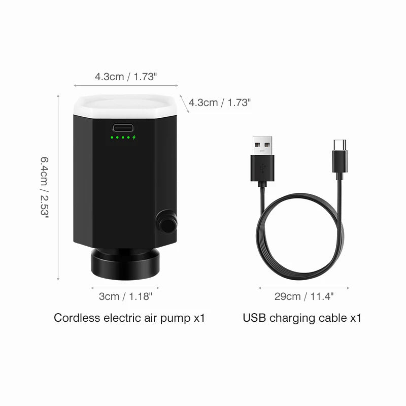A black cordless electric air pump with a white top and an attached USB charging cable.