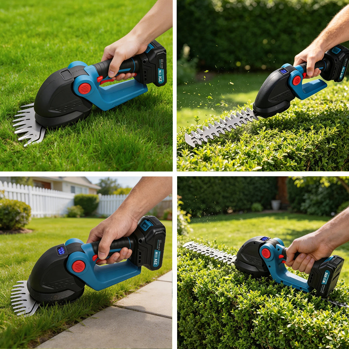 A hand operates a blue and black 2-in-1 cordless hedge trimmer and grass shear trimming green hedges and lawn.