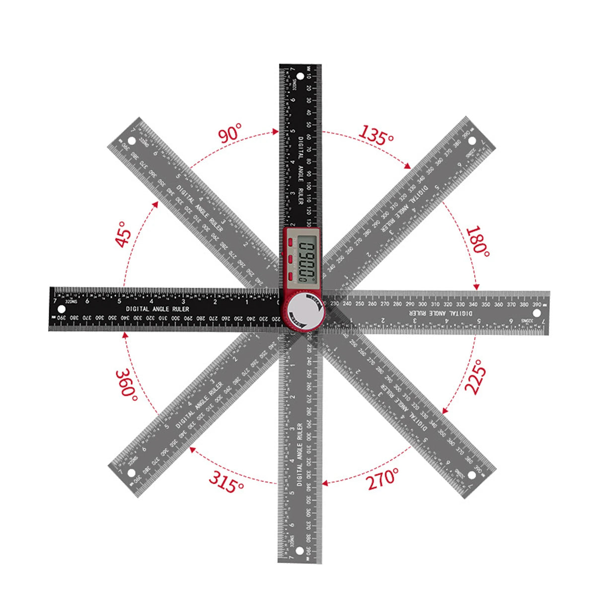 A digital angle ruler with a stainless steel blade showing various angles like 90, 135, 180, and 270 degrees.