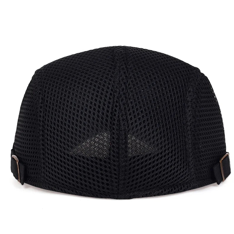 Black men's breathable mesh newsboy cap shown from the front