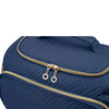 Navy quilted travel toiletry bag with gold zipper and handle