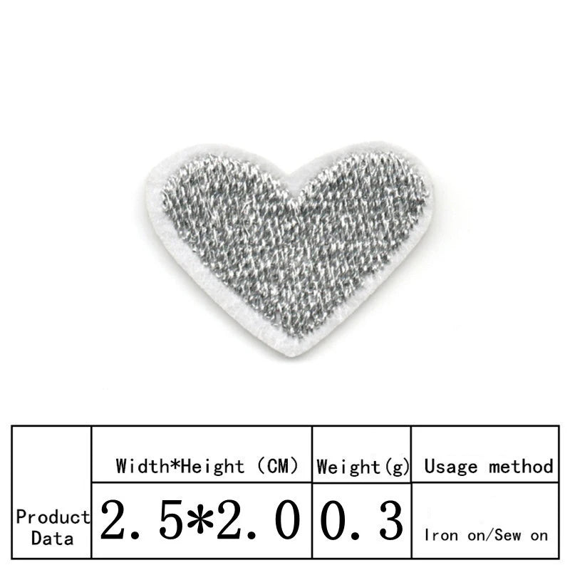 A heart-shaped gray embroidered iron-on patch with dimensions 2.5x2.0 cm and a weight of 0.3 grams.