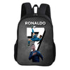Black backpack featuring a graphic of a soccer player celebrating with the number 7