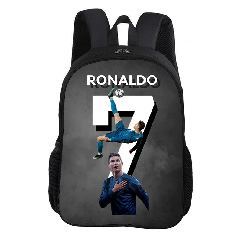 Black backpack featuring a graphic of a soccer player celebrating with the number 7