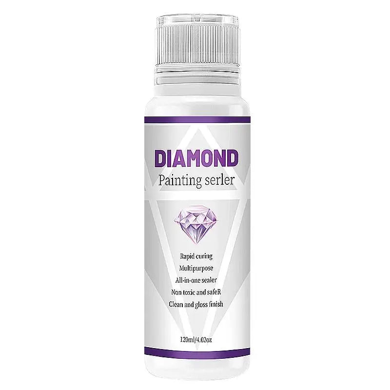 A bottle of Diamond Painting sealer with a silver cap and white label.