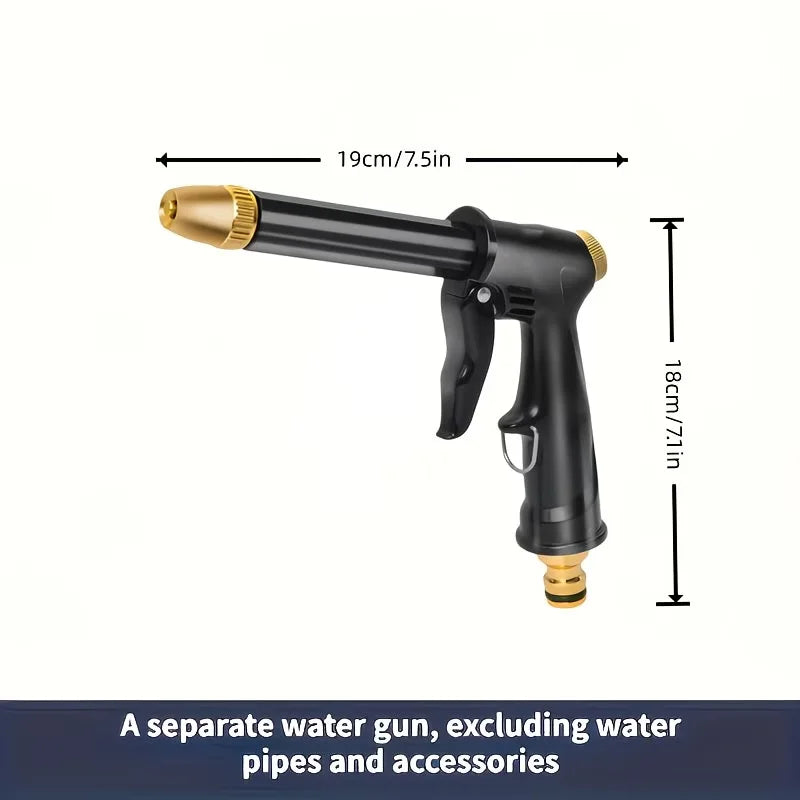 A black high-pressure car wash gun with a brass nozzle and adjustable features.