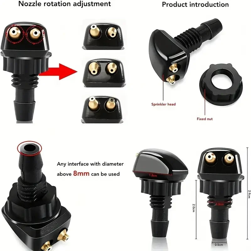 A set of nozzle rotation adjustment and product introduction components for a universal windshield washer hose connector kit