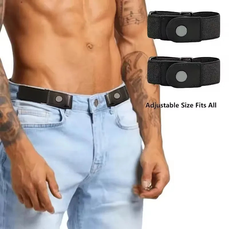 A man wearing light blue jeans demonstrates an adjustable elastic belt and a leather strap on his torso.
