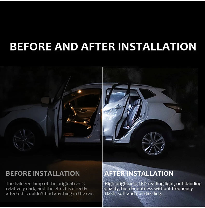 Before and after installation of high-brightness LED reading lights in a car interior.