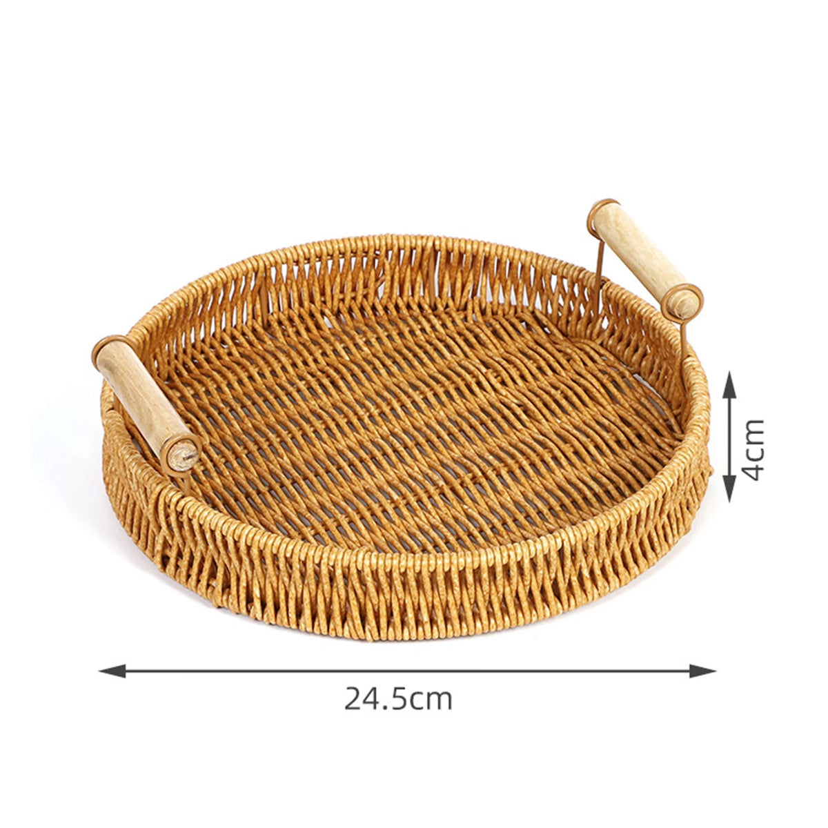 Handwoven wicker serving basket with wooden handles for bread, fruit, or tabletop display.