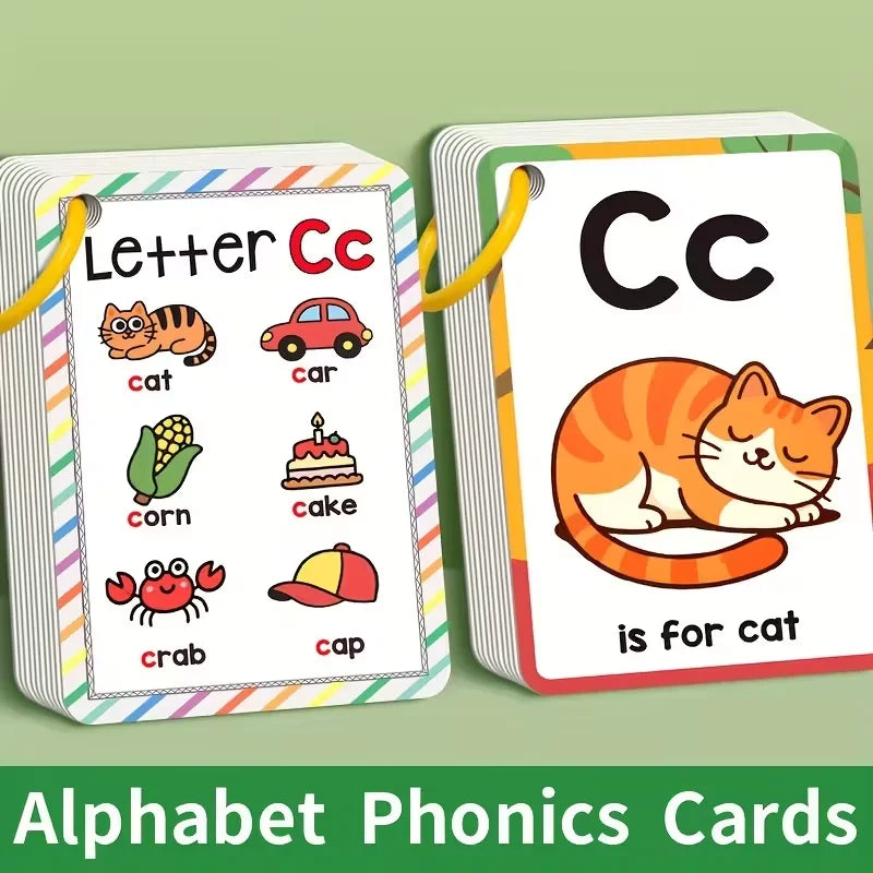 Two colorful alphabet phonics cards showing the letter Cc and related vocabulary like cat and car.