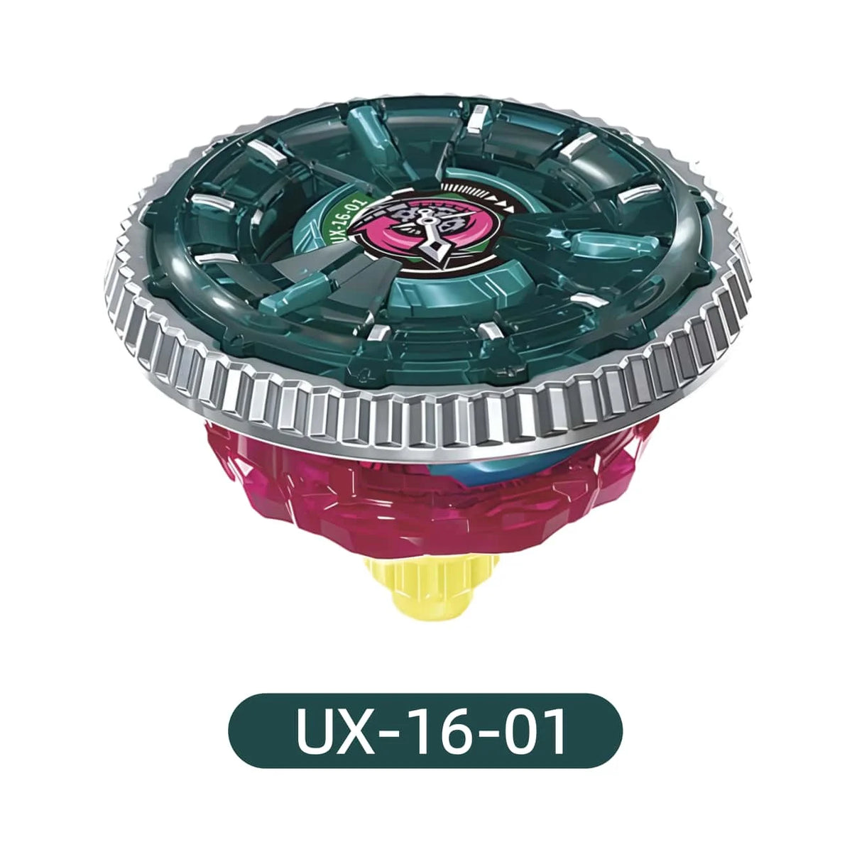 A metal spinning top battle toy with a launcher, featuring a dark teal body and silver accents.