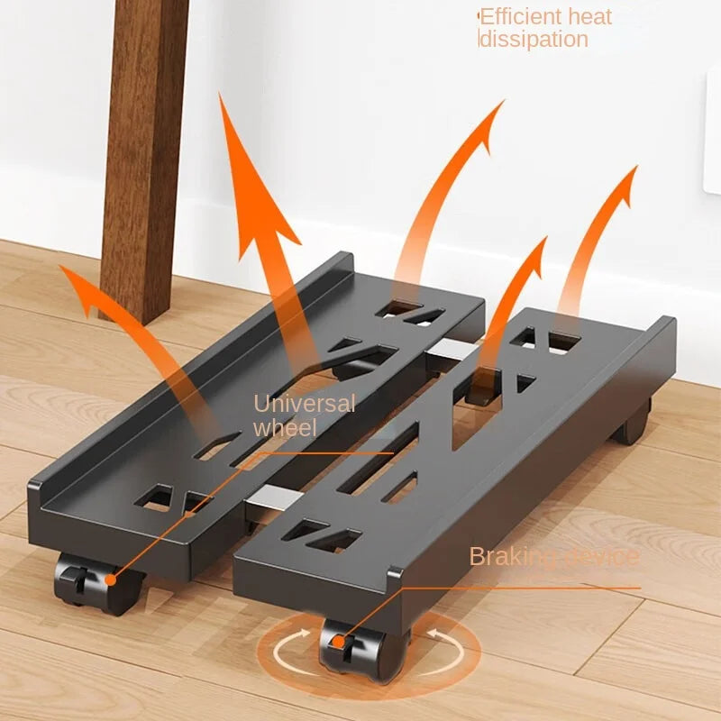 A dark gray adjustable rolling CPU stand with universal wheels is shown on a wooden desk surface.