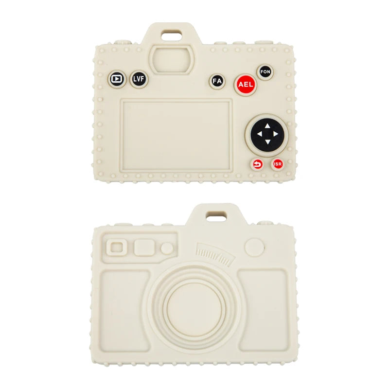 A beige silicone baby teether toy shaped like a remote control with various buttons and features.