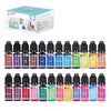 A collection of liquid candle dye kits in various vibrant colors for soy, beeswax, and soap making.