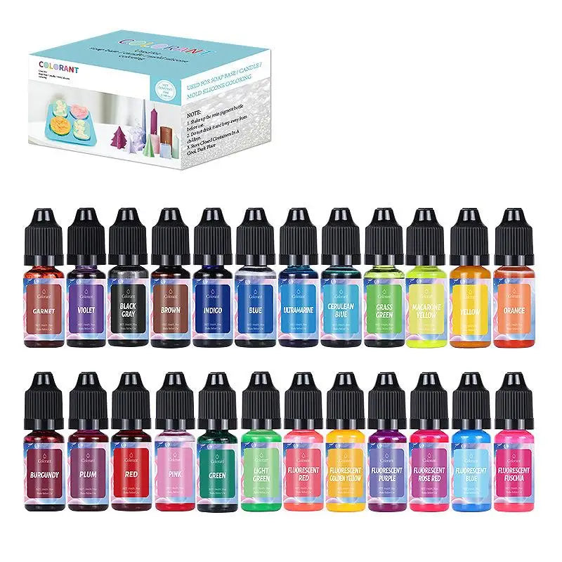 A collection of liquid candle dye kits in various vibrant colors for soy, beeswax, and soap making.