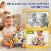 A baby is playing with a colorful 22-in-1 toddler busy board activity cube.