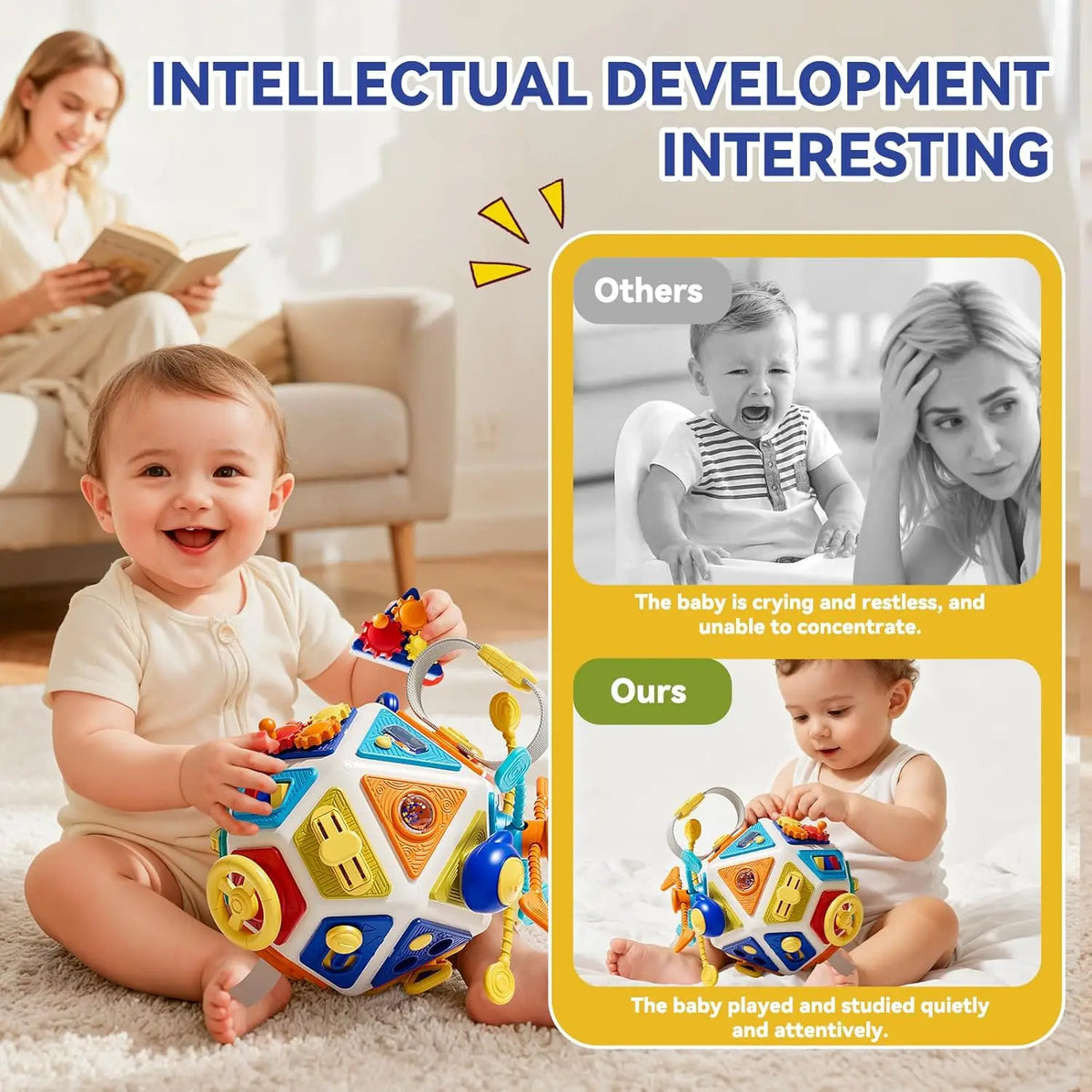 A baby is playing with a colorful 22-in-1 toddler busy board activity cube.