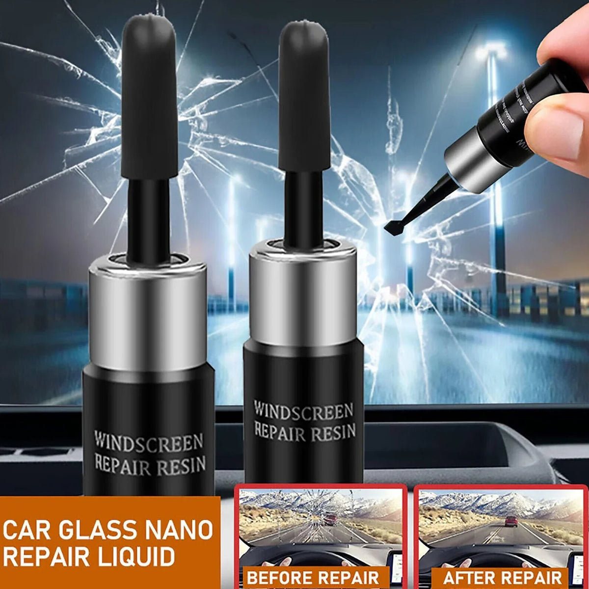 A kit for car glass nano repair liquid showing two black resin tubes and an applicator, with a background of cracked glass.