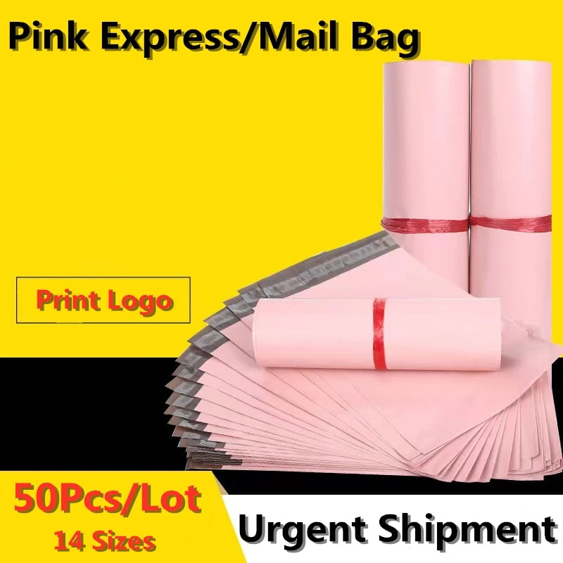 A stack of pink waterproof poly mailer shipping bags is shown with a printed logo, ready for urgent shipment.