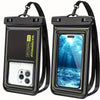 A black waterproof floating phone case with a clear window and detachable strap is shown.