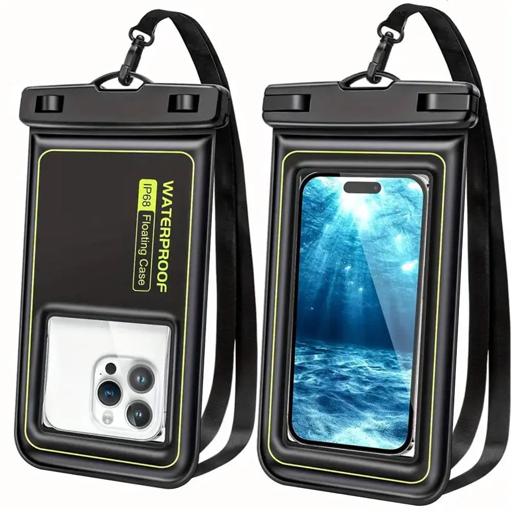 A black waterproof floating phone case with a clear window and detachable strap is shown.