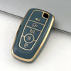 A dark blue TPU car key fob cover case with gold accents showing various buttons and a speaker icon.