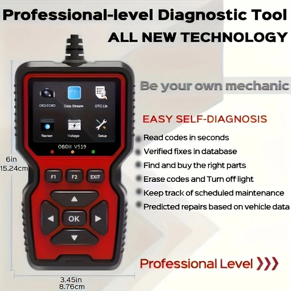 A red and black professional-level diagnostic tool for OBDII car scanning and self-diagnosis.