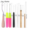 A set of plastic latch hook needles featuring various sizes and colors for crochet, dreadlocks, and rug making.