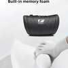 Black built-in memory foam neck pillow for car seats shown being used on a person's neck.