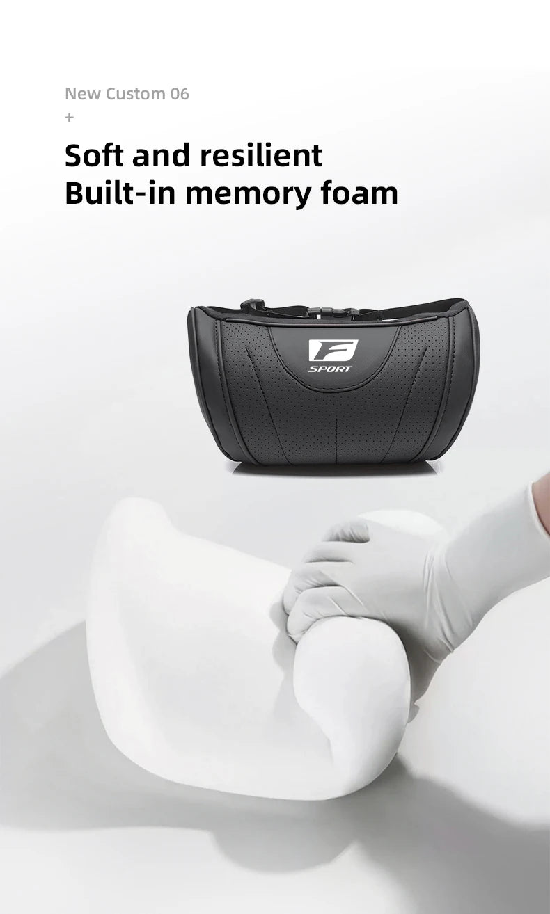 Black built-in memory foam neck pillow for car seats shown being used on a person's neck.