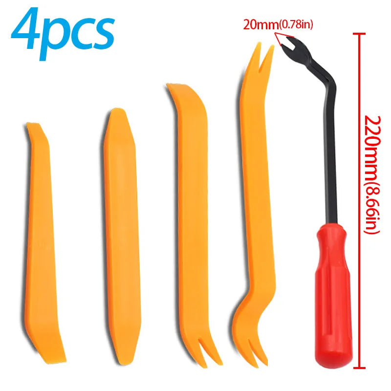 Set of four orange car trim removal tools with a black handle and storage pouch