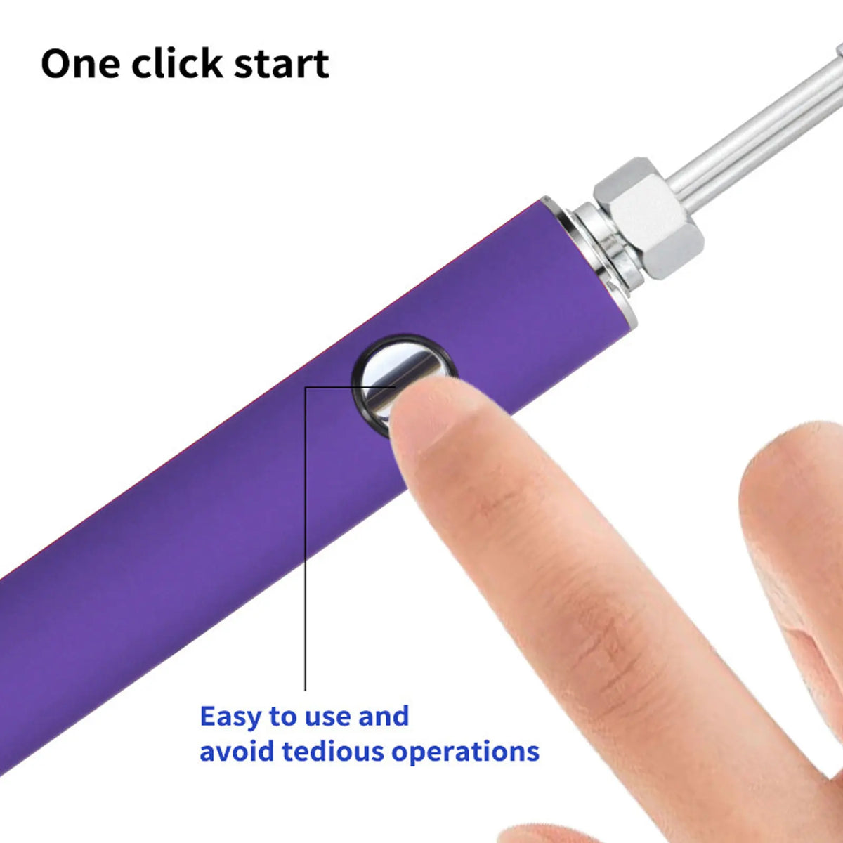 A purple cordless soldering iron is shown being activated with a finger, emphasizing easy use and avoiding tedious operations