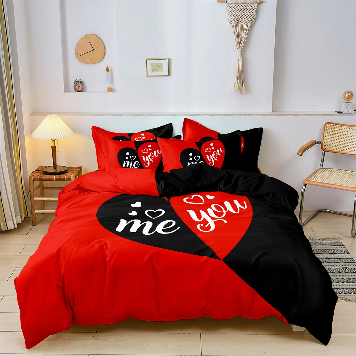 Dark Red Three-Piece Duvet Cover Set with Letter Print