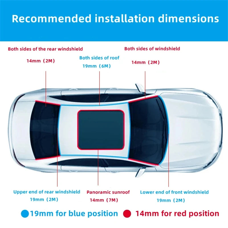 Diagram showing recommended installation dimensions for automotive rubber sealing strips on the rear and windshield sides.