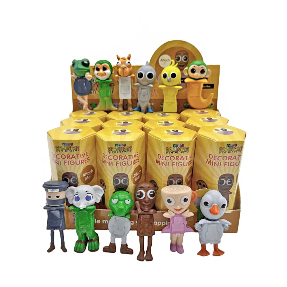 A collection of Italian Brainrot Mystery Keychains featuring various animal characters in yellow, green, and brown packaging.
