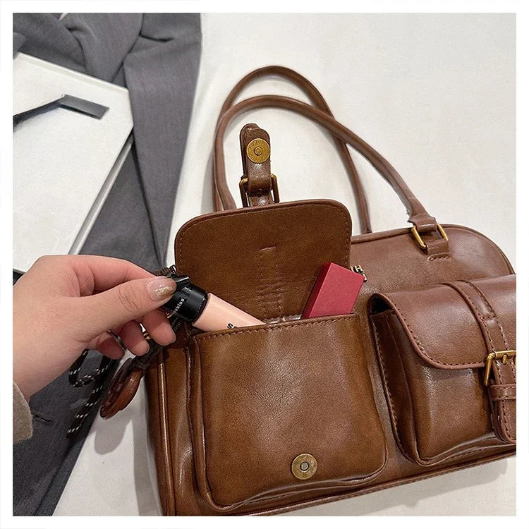 Women's Retro PU Leather Shoulder Bag with Multiple Pockets & Detachable Charm