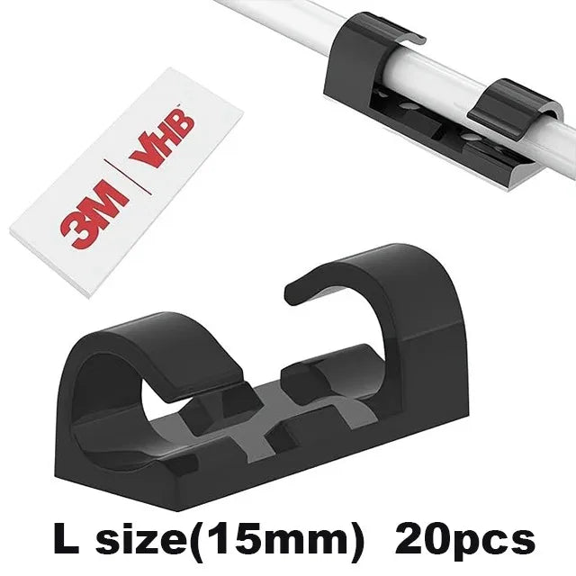 Black L size 15mm self-adhesive cable clips for cord management, shown with a white label.
