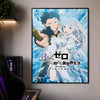 A poster featuring characters from Re:Zero in a dynamic, blue-themed illustration.