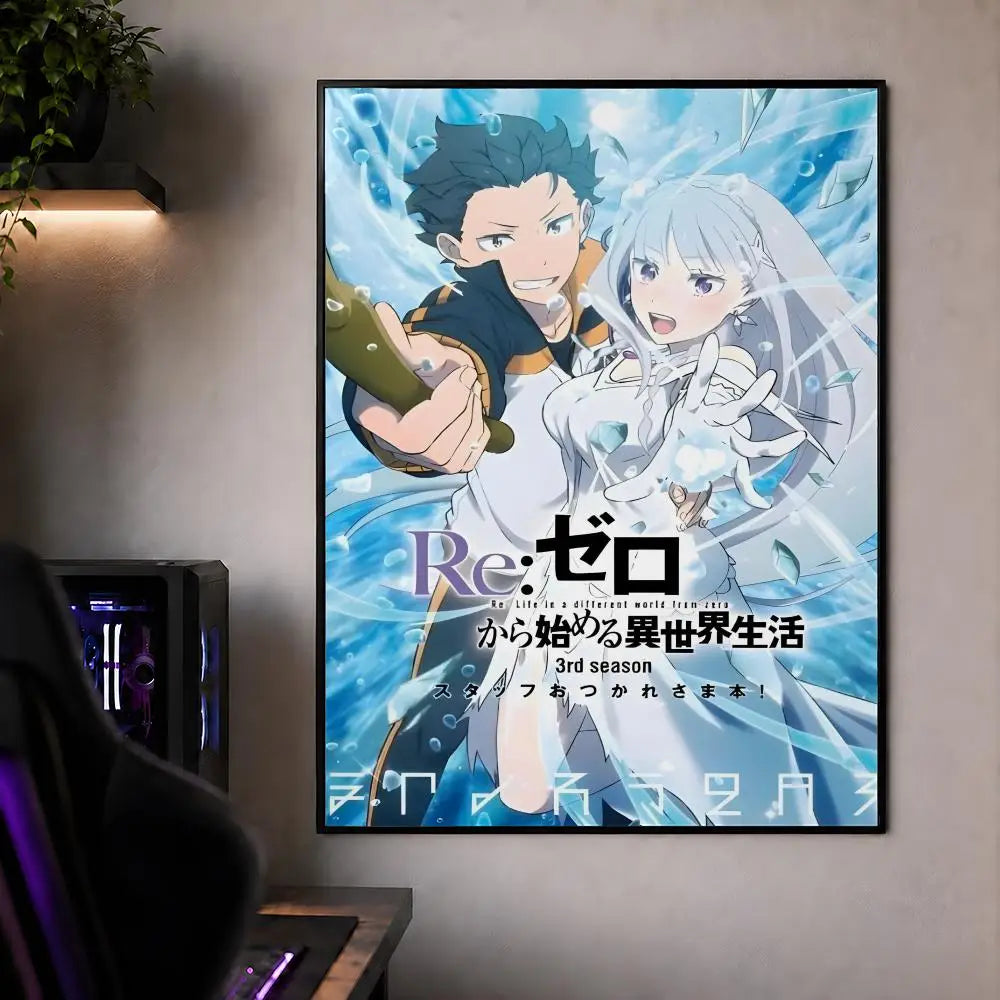 A poster featuring characters from Re:Zero in a dynamic, blue-themed illustration.