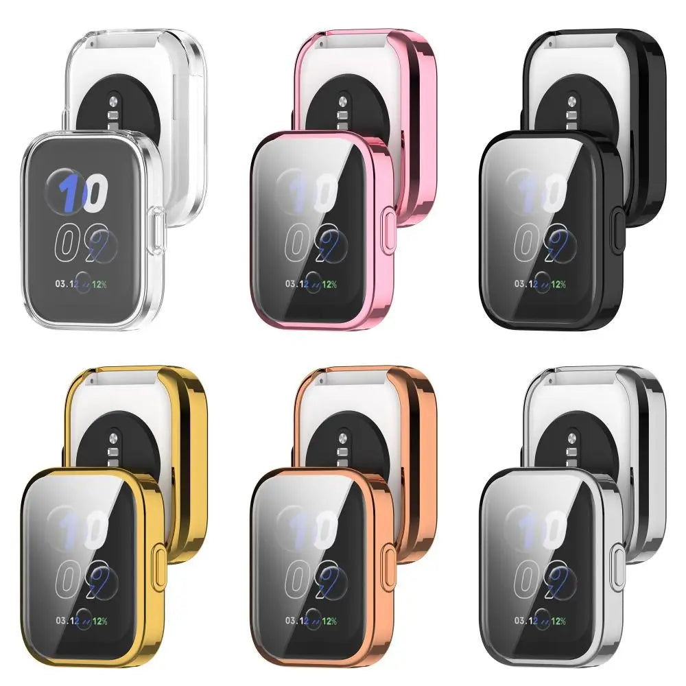 Various views of the Amazfit Bip 5 Unity protective TPU case in various colors and angles.