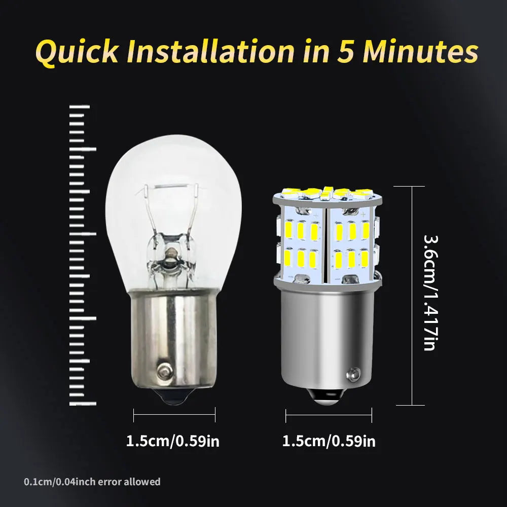 A white LED bulb with a metal base is shown next to its disassembled components for quick installation.