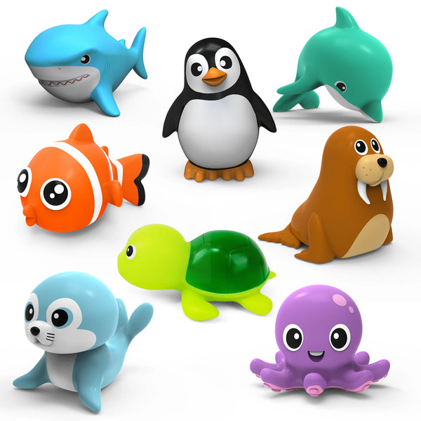A collection of eight wind-up sea animal bath toys including a blue dolphin, a black penguin, an orange fish, a green turtle,