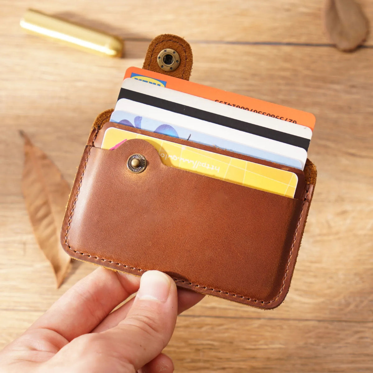 Vintage Leather Slim Card Holder with Snap Closure